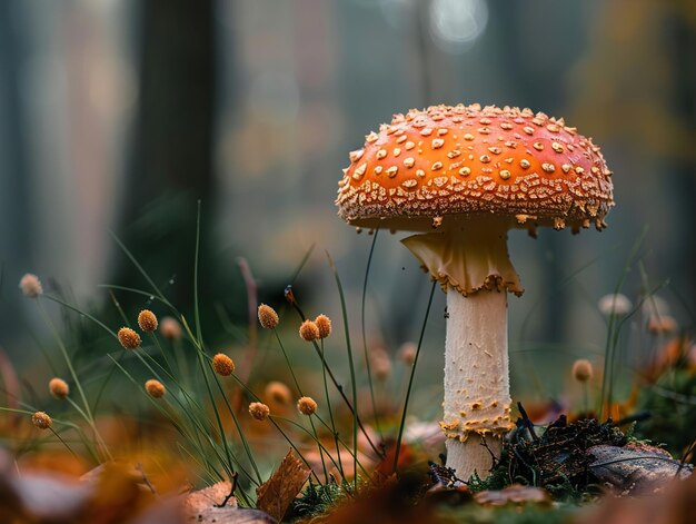 a mushroom with seeds on it and a few other plants in the background