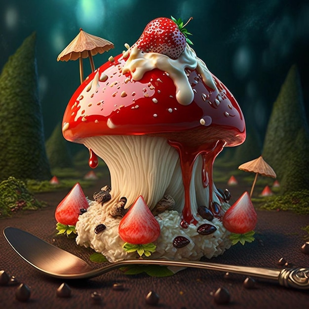 A mushroom with a strawberry on top