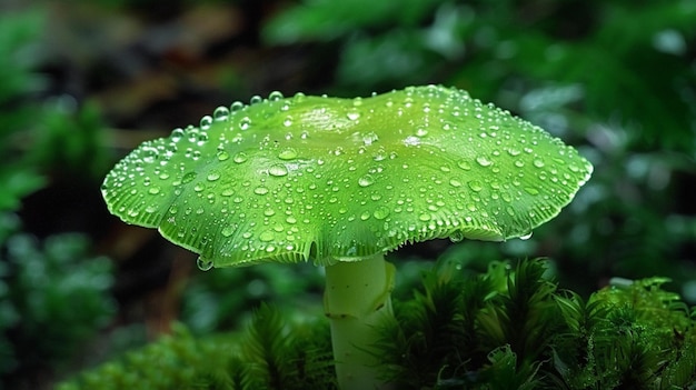 a mushroom with water drops on it and a green leaf