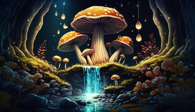 A mushroom with a waterfall in the dark