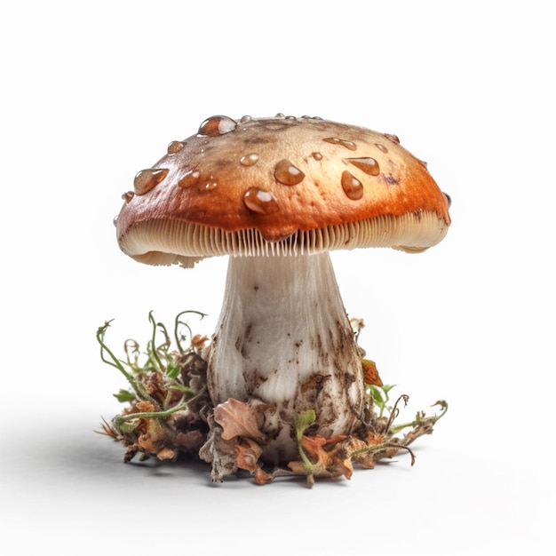 A mushroom with a white background and a brown cap with a droplet on the top.