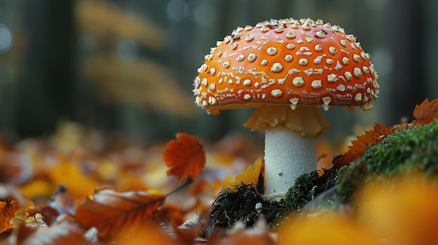 a mushroom with white spots on it is surrounded by orange and yellow leaves