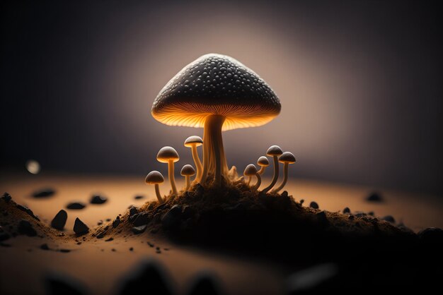 a mushroom with a yellow cap on it is in the dark