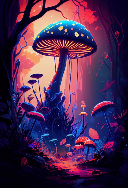 Mushroom Wonderland A Forest of Glowing Blue Mushrooms