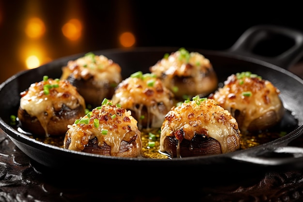 Mushrooms are baked in a black skillet with some kind of sauce or gravy on top