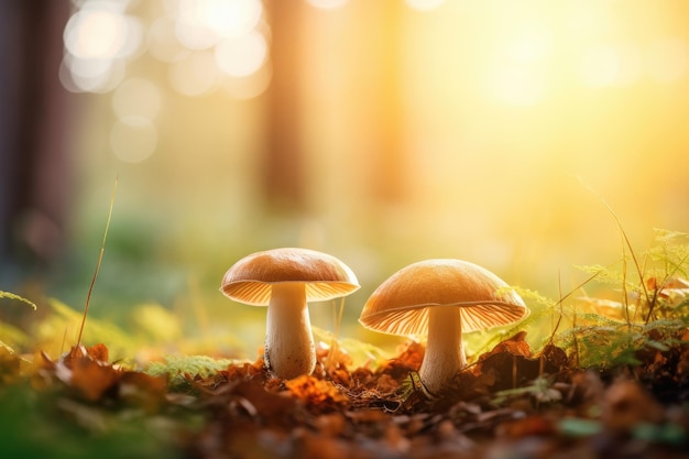 Mushrooms are growing in autumn forest Mushroom picking Nature background with sunlight