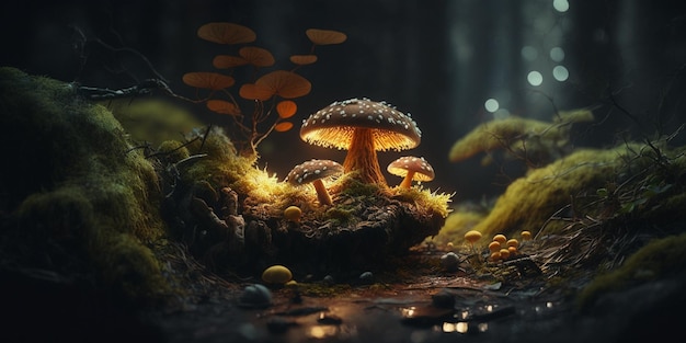 Mushrooms are growing on the ground in dark generative ai