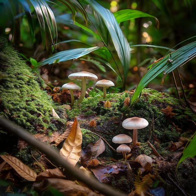 mushrooms are growing on a mossy log in the woods