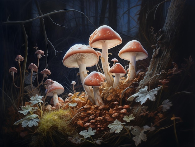 mushrooms are growing out of the ground in a dark forest generative ai