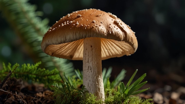 mushrooms are on moss plants in forest bokeh background