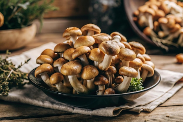 Photo mushrooms are on a plate with a pan of mushrooms