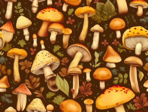 Mushrooms background as seamless tile generative AI