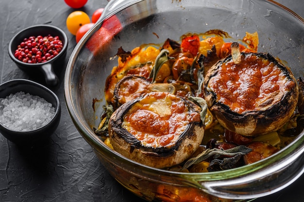 Mushrooms,baked and stuffed with ingredients  cheddar cheese, cherry tomatoes and sage  in glass pot on  black stone background side view  selective focus.