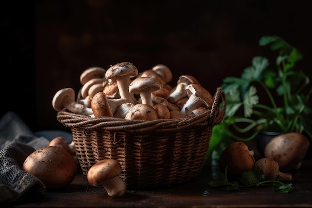 Mushrooms in a basket on a table