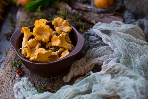 mushrooms chanterelles in a clay plate close up and vegetables 