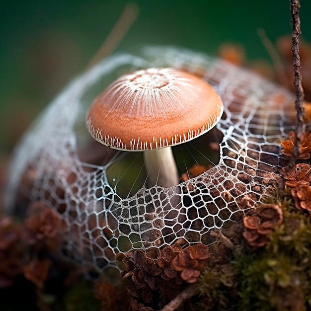 Mushrooms in the cobweb in the forest