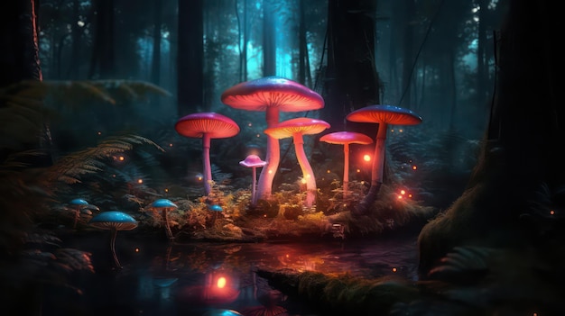 Mushrooms in a dark forest with a blue light that says'magic '