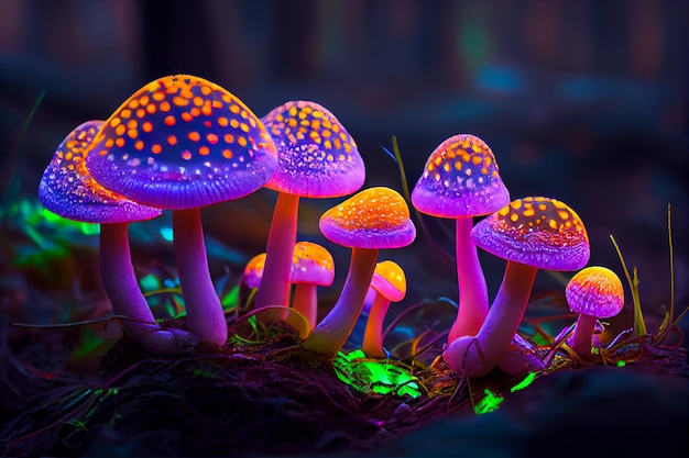 Mushrooms in a dark forest with glowing purple and orange lights