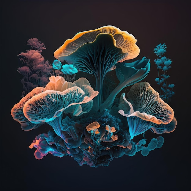 Mushrooms and flowers in symbiosis on a dark background fabulous Generative AI