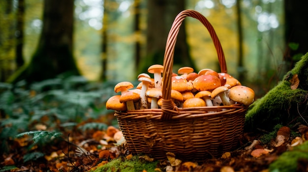 mushrooms in the forest collected in a basket