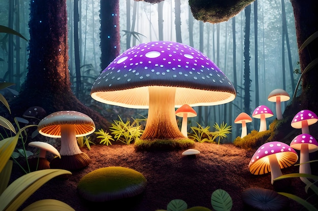 Mushrooms in a forest with a blue and purple mushroom