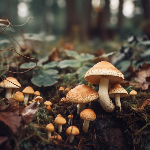 Mushrooms in the forest with leaves and mushrooms