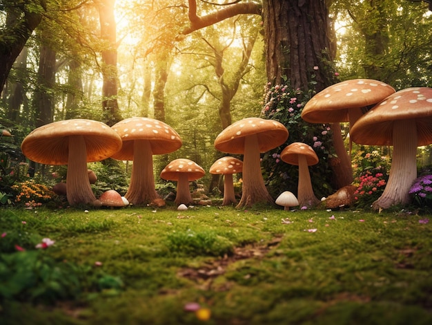 Mushrooms in the forest with a sun shining on them