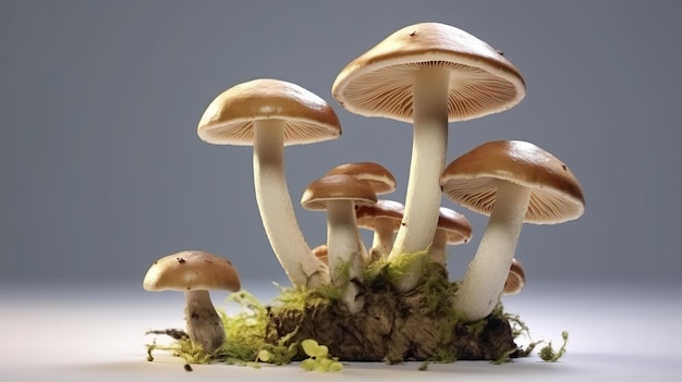 Mushrooms growing on a bed of moss in a forest