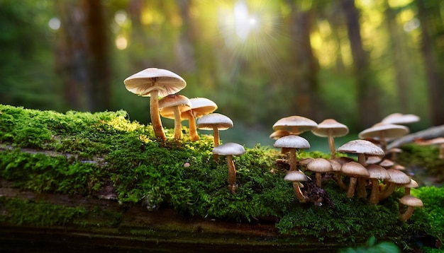 mushrooms growing on mossy log in a lush forest