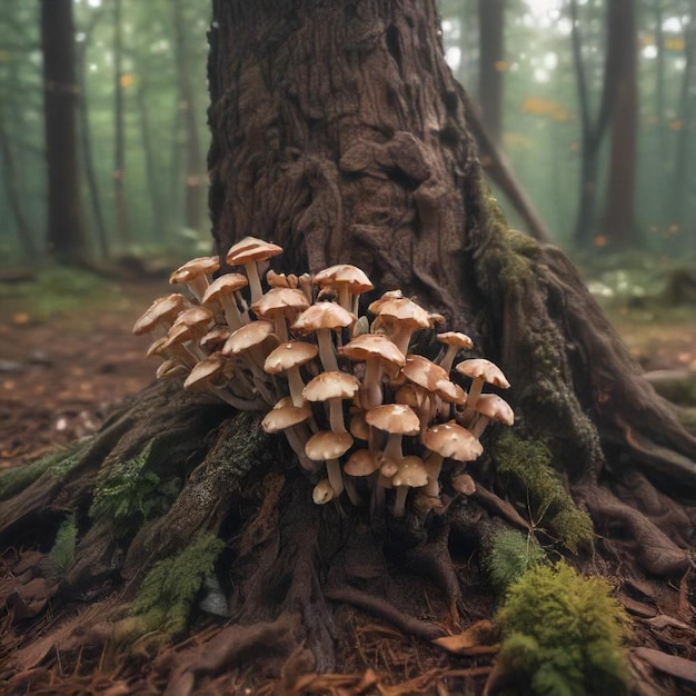 mushrooms growing on a tree trunk in a forest