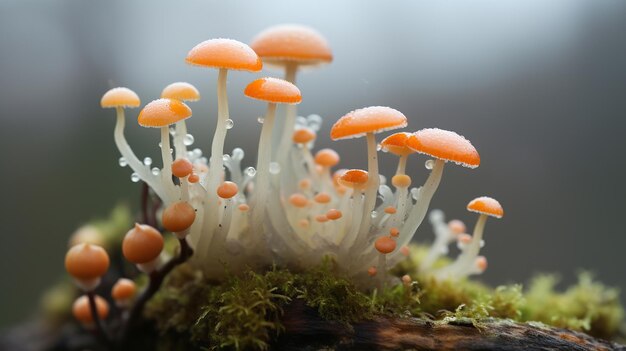 Mushrooms on a log, covered in moss.