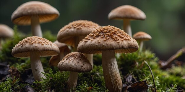 Mushrooms macro closeup Background with selective focus and copy space