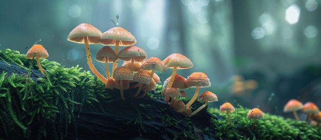 Mushrooms on a Mossy Log in a Mystical Forest