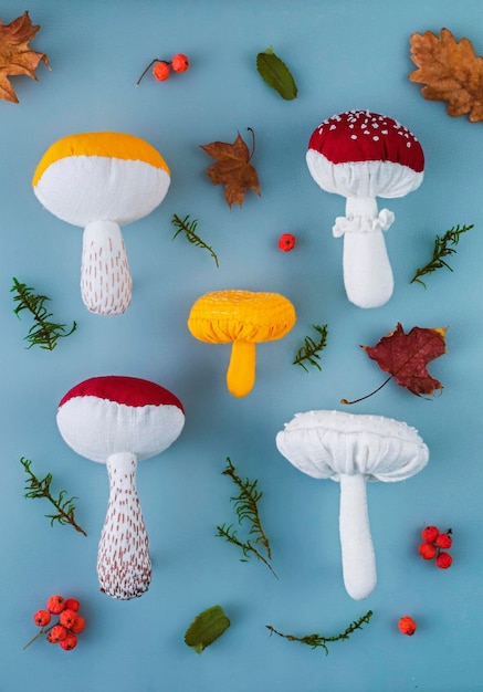 Mushrooms sewn from cotton fabric stuffed toys in the shape of a mushroom