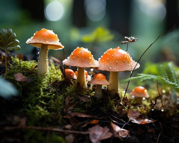 Mushrooms sit atop forest floor in group Generative AI