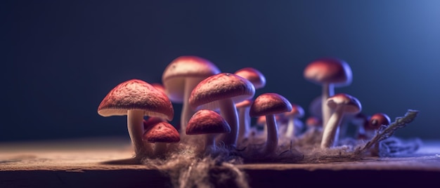 Mushrooms on a table in a dark room