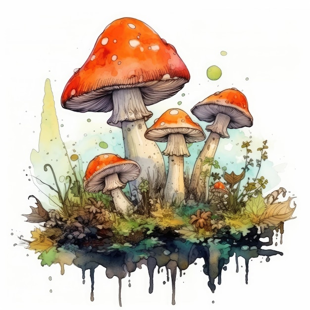 Mushrooms in watercolor style with ink outline on white background generative AI