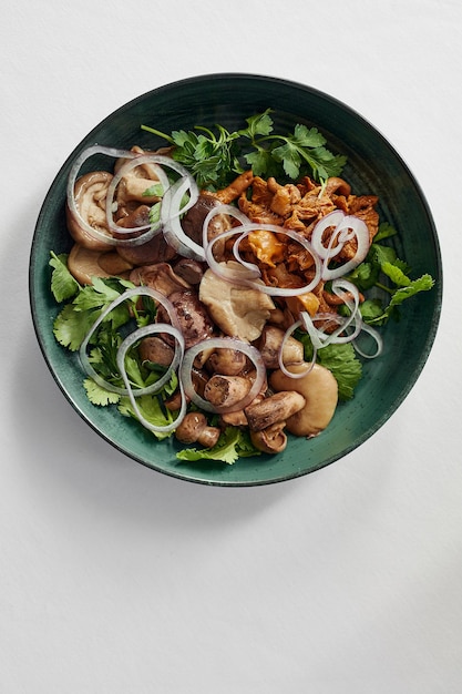 Mushrooms with onions and herbs, assorted pickled mushrooms in a plate on a light background, marinated mushrooms with fresh herbs and onions close-up