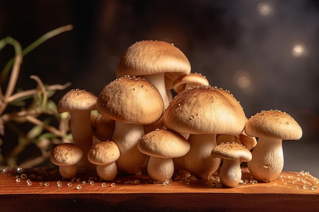 Mushrooms on a wood countertop with black background Generative AI