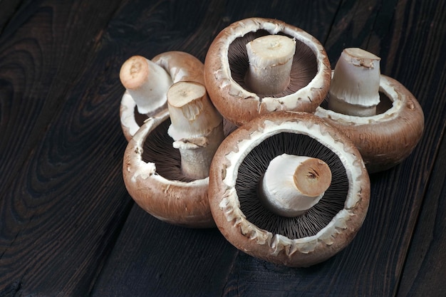 Mushrooms on a wooden table with a wood background