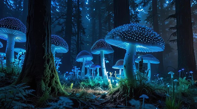 mushrooms in the woods with a blue background