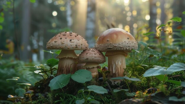 mushrooms in the woods with a green leafy plant in the background