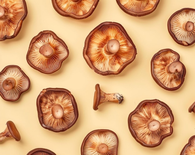 Photo mushrooms on a yellow background showcasing their intricate textures and patterns ideal for food