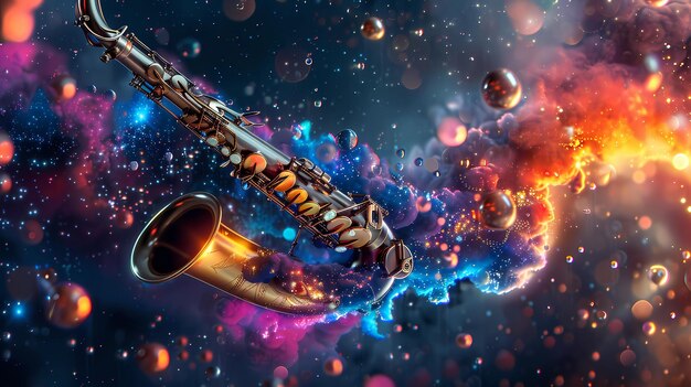 Photo a music artwork a saxophone floating in space minimalistic splashes of color globular lights