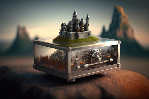 Music box needle bed in form of ancient castle on blurred background created with generative ai