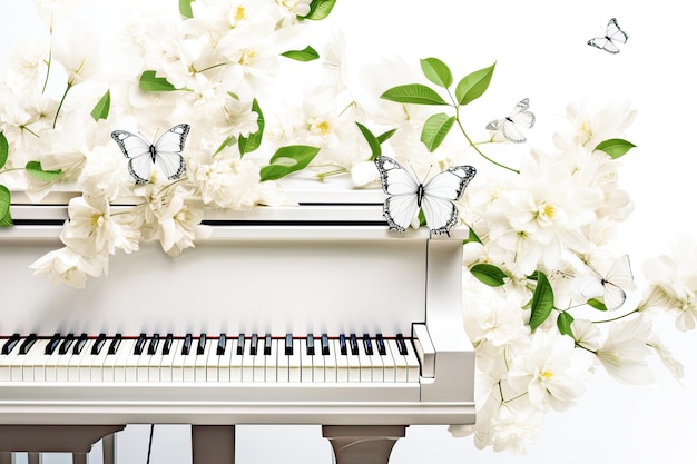 Music card with white grand piano with spring white flowers and butterflies on white background