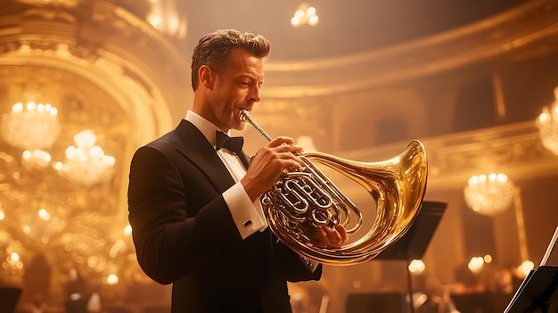 music director plays a trumpet in a musical performance