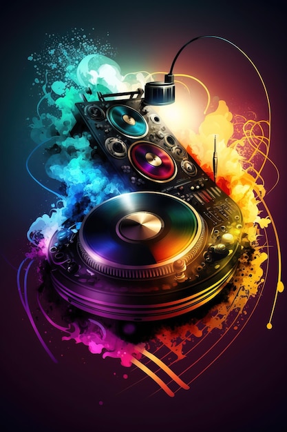 Music disc jockey turntable colorful background