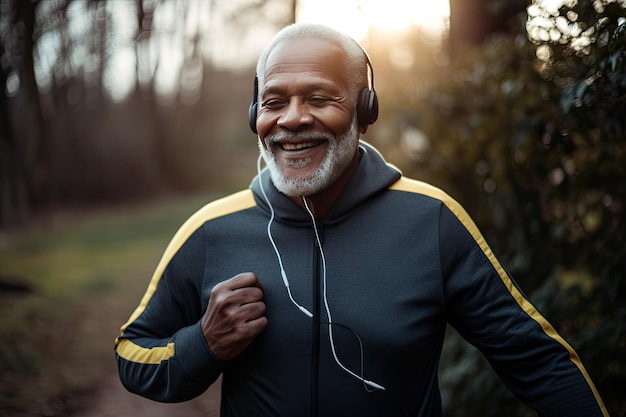 Music earphones running and black man in nature for health wellness and fitness Radio and smile