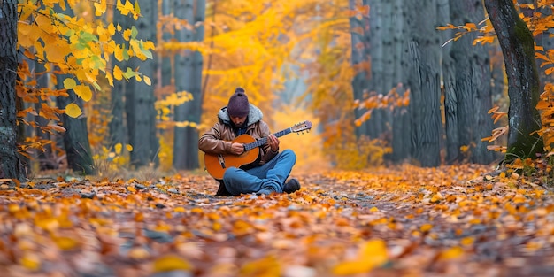 Music enthusiast strums guitar surrounded by stunning autumn foliage on forest path Concept Autumn Music Serenade Guitar and Fall Foliage Melodies Serene Forest Jam Musical Pathway